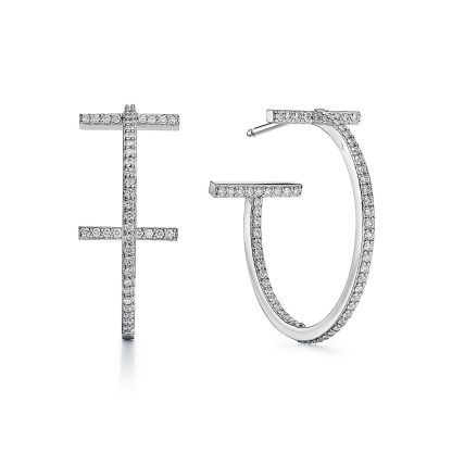 T Diamond Hoop Earrings in 18k White Gold
