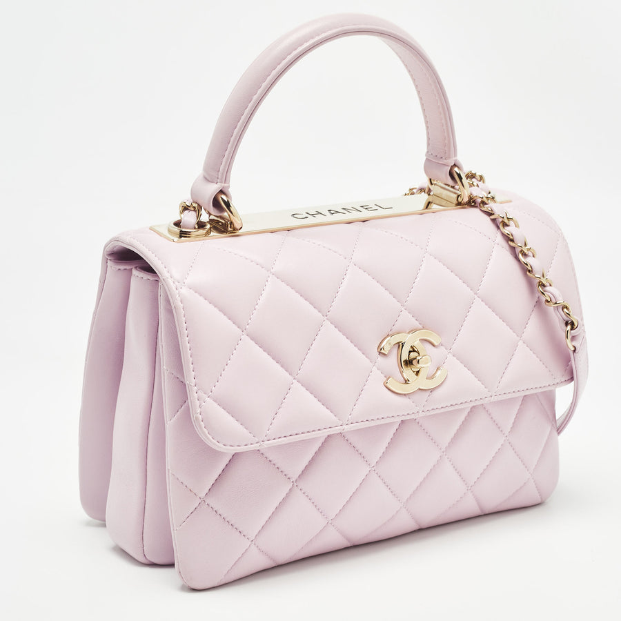 Light Pink Quilted Leather Small Trendy CC Top Handle Bag