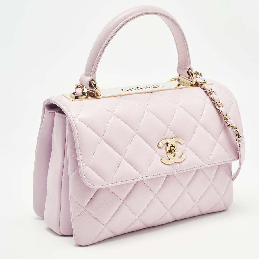 Light Pink Quilted Leather Small Trendy CC Top Handle Bag
