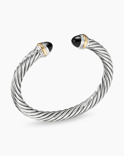 Classic Cable Bracelet Sterling Silver with 14K Yellow Gold and Black Onyx, 7mm