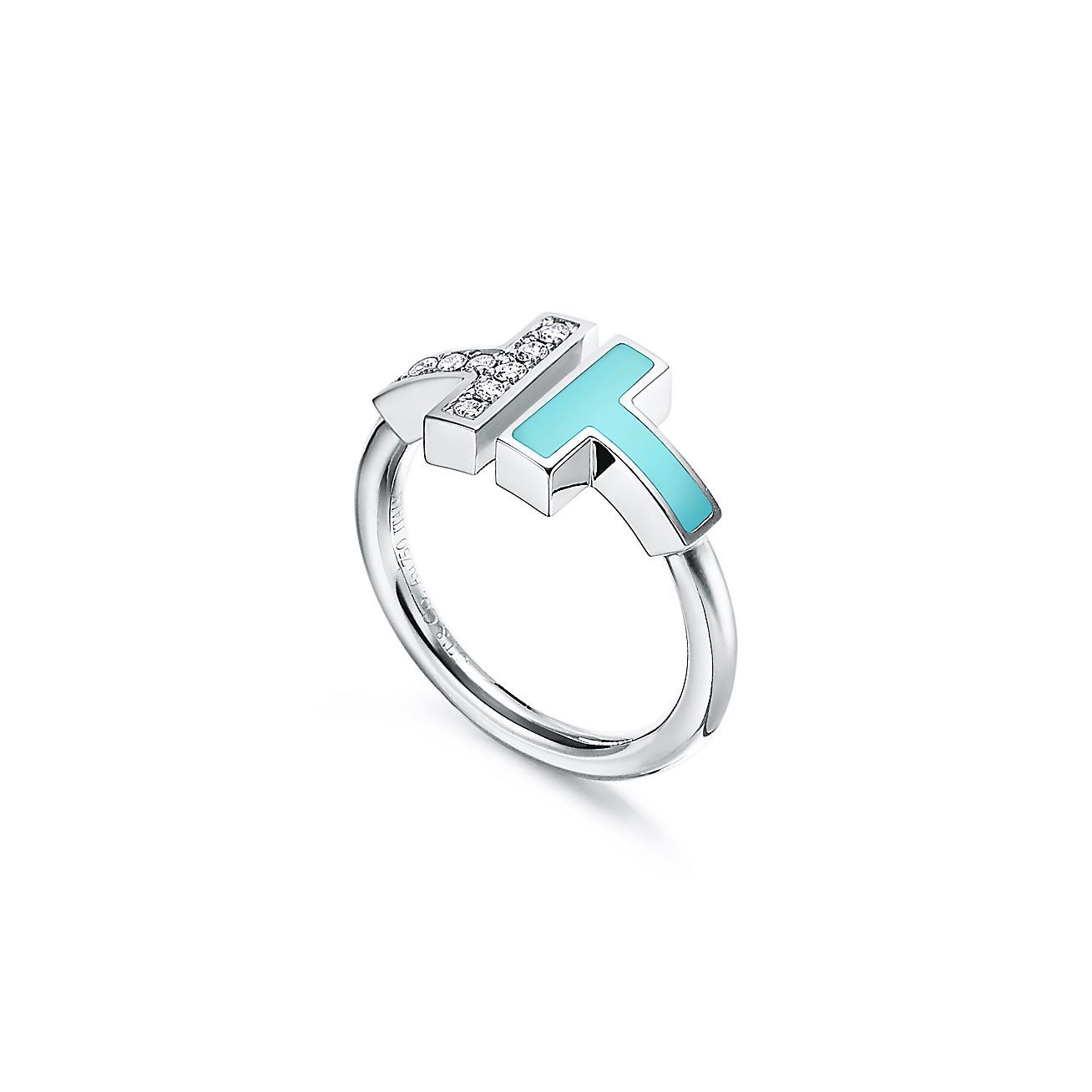 T Diamond and Turquoise Wire Ring in 18k White Gold