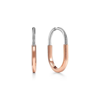 Lock Earrings in Rose and White Gold with Diamonds, Extra Large
