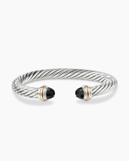 Classic Cable Bracelet Sterling Silver with 14K Yellow Gold and Black Onyx, 7mm