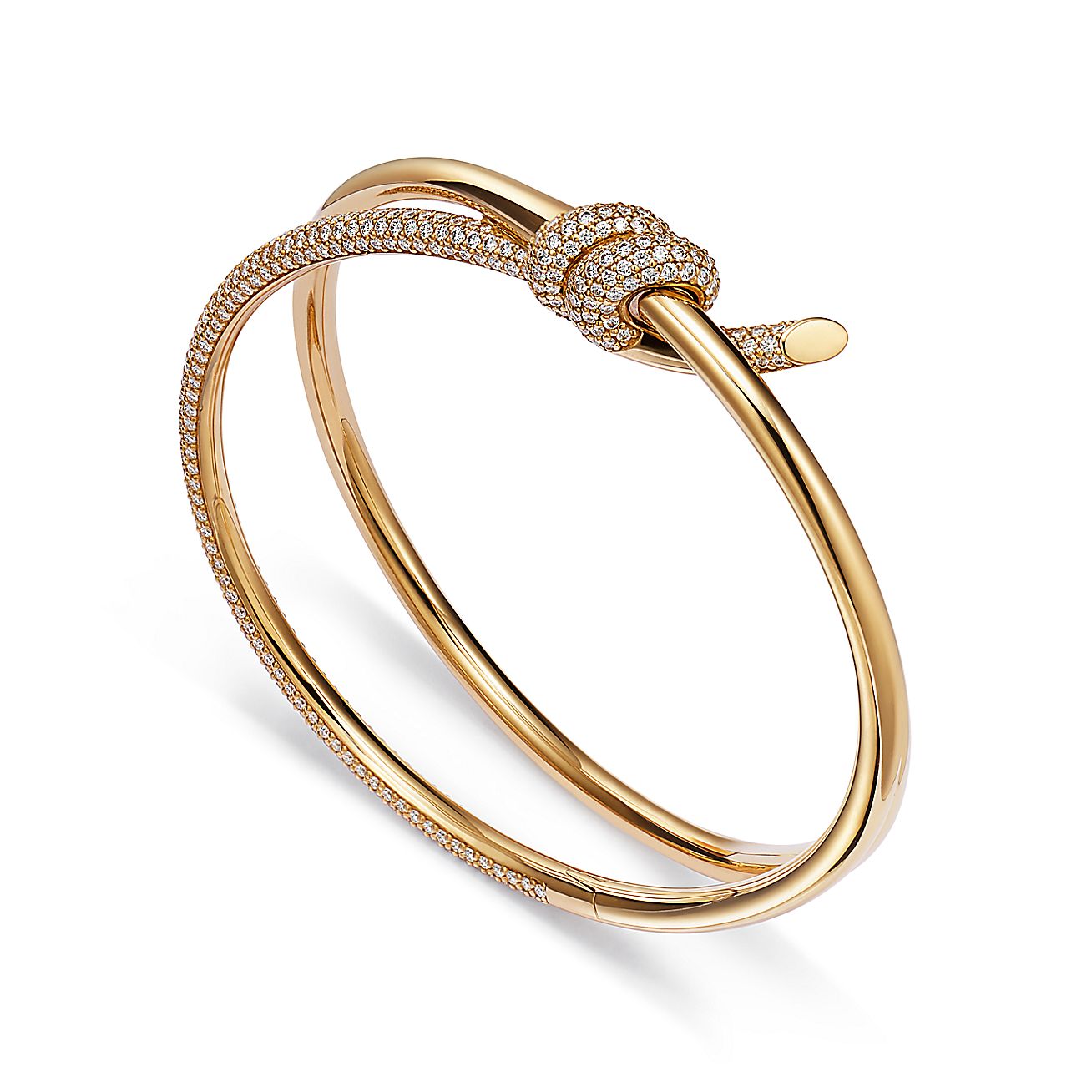 Knot Double Row Hinged Bangle in Yellow Gold with Diamonds