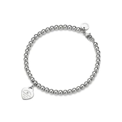 Return to 庐 Heart Tag Bead Bracelet in Silver with a Diamond, 4 mm