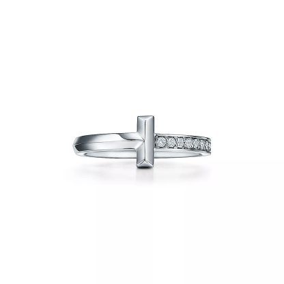 T T1 Ring in White Gold with Diamonds, 2.5 mm Wide