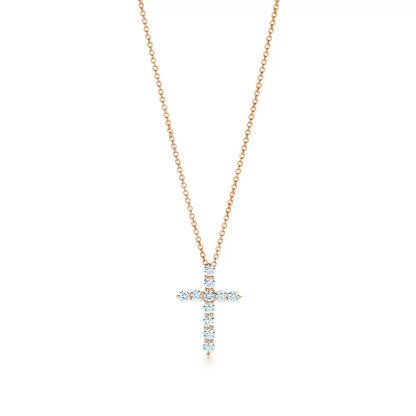 Cross pendant in 18k rose gold with diamonds, small.