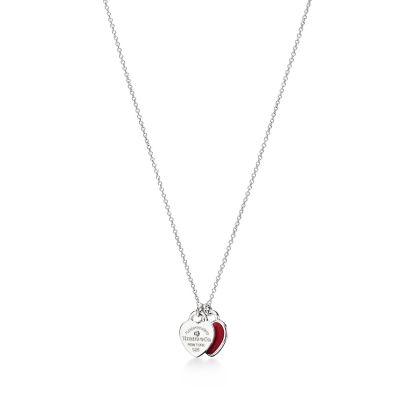 Return to 庐 Red Double Heart Tag Pendant in Silver with a Diamond, Mini