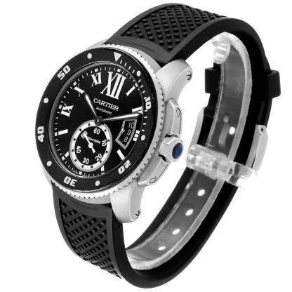 Cartier Calibre Diver Black Rubber Strap Steel Mens Watch