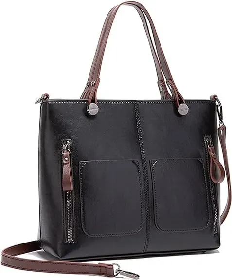 Ladies Retro Waxed PU Leather Double Pocket Handbag One Shoulder Diagonal Bag