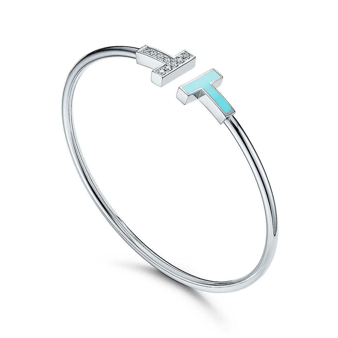 T Diamond and Turquoise Wire Bracelet in 18k White Gold