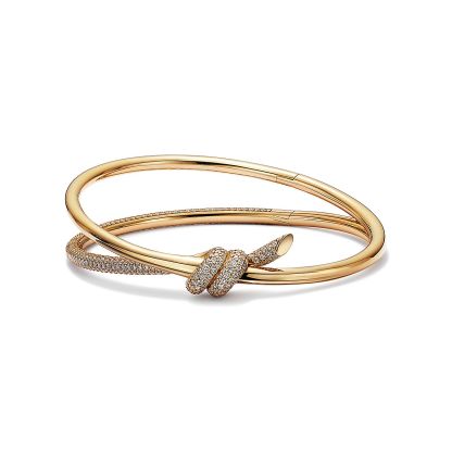 Knot Double Row Hinged Bangle in Yellow Gold with Diamonds