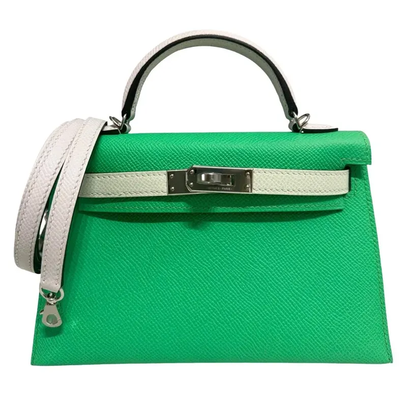 Herthtmes Vert Comics, Vert Fizz, and Gris Pale Epsom Tri-Color Mini Kelly 20 II Palladium Hardware