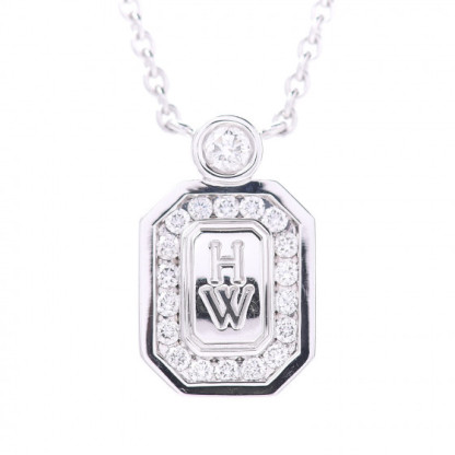 18K White Gold Diamond H W Logo Pendant Necklace