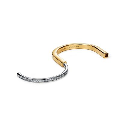 Lock Bangle in Yellow and White Gold with Half Pavé Diamonds
