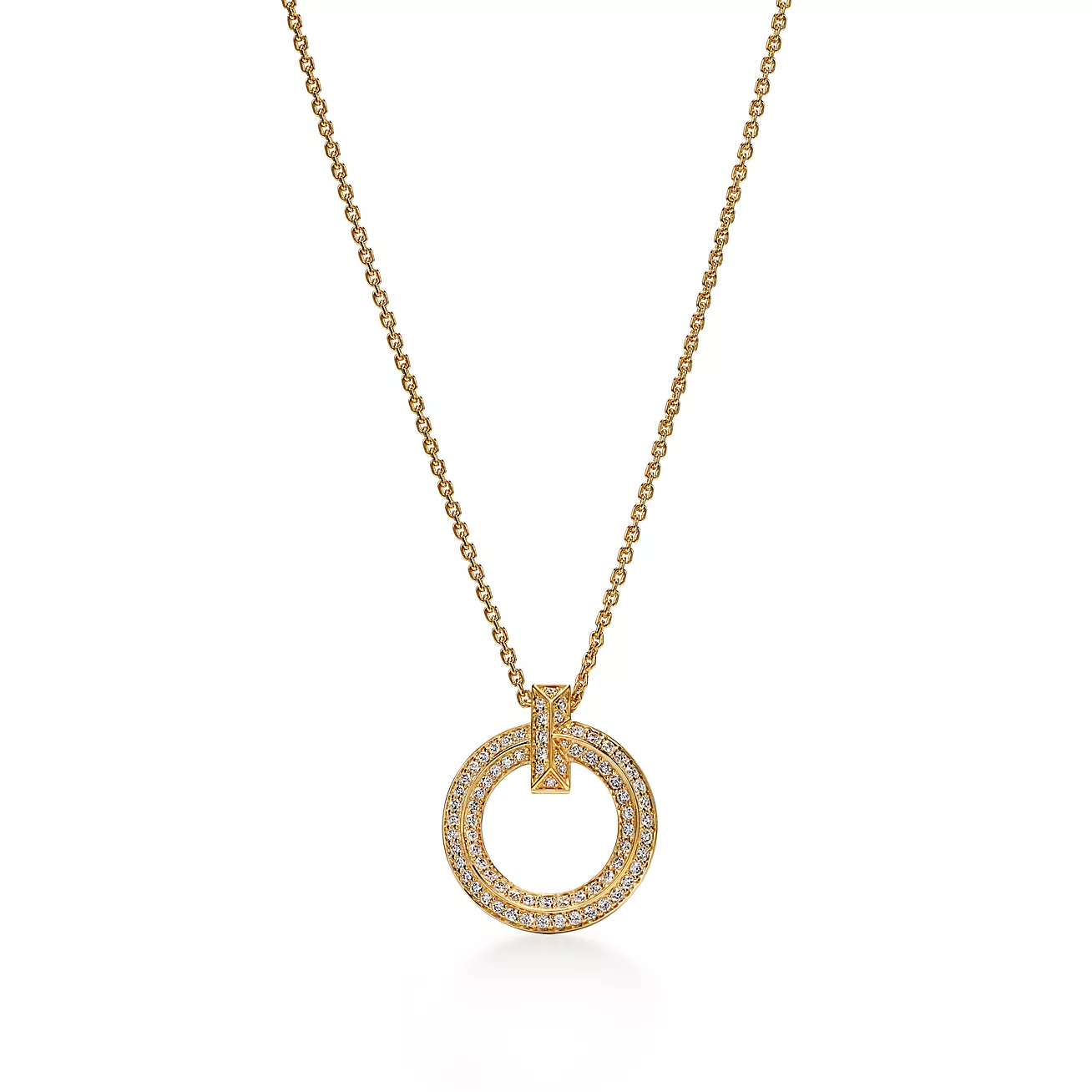 T T1 Circle Pendant in Yellow Gold with Pave Diamonds
