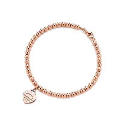Return to 庐 Heart Tag Bead Bracelet in Rose Gold, 4 mm