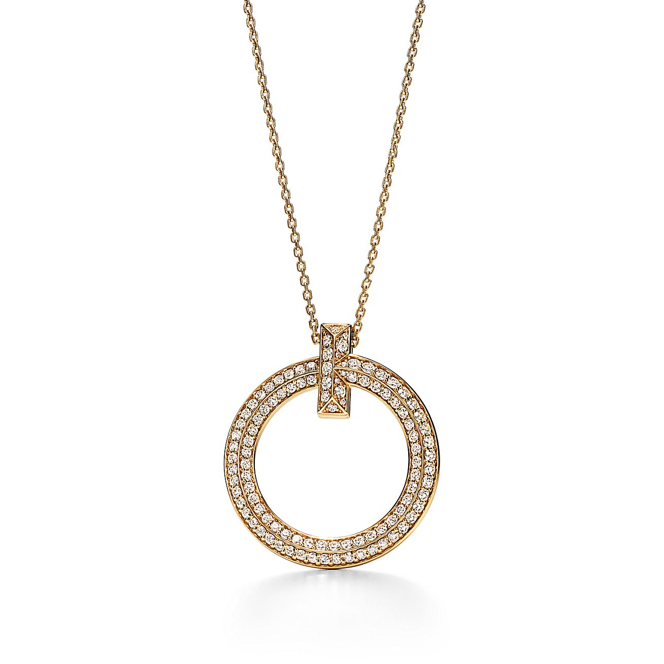 T T1 Circle Pendant in 18k Yellow Gold with Diamonds, Large