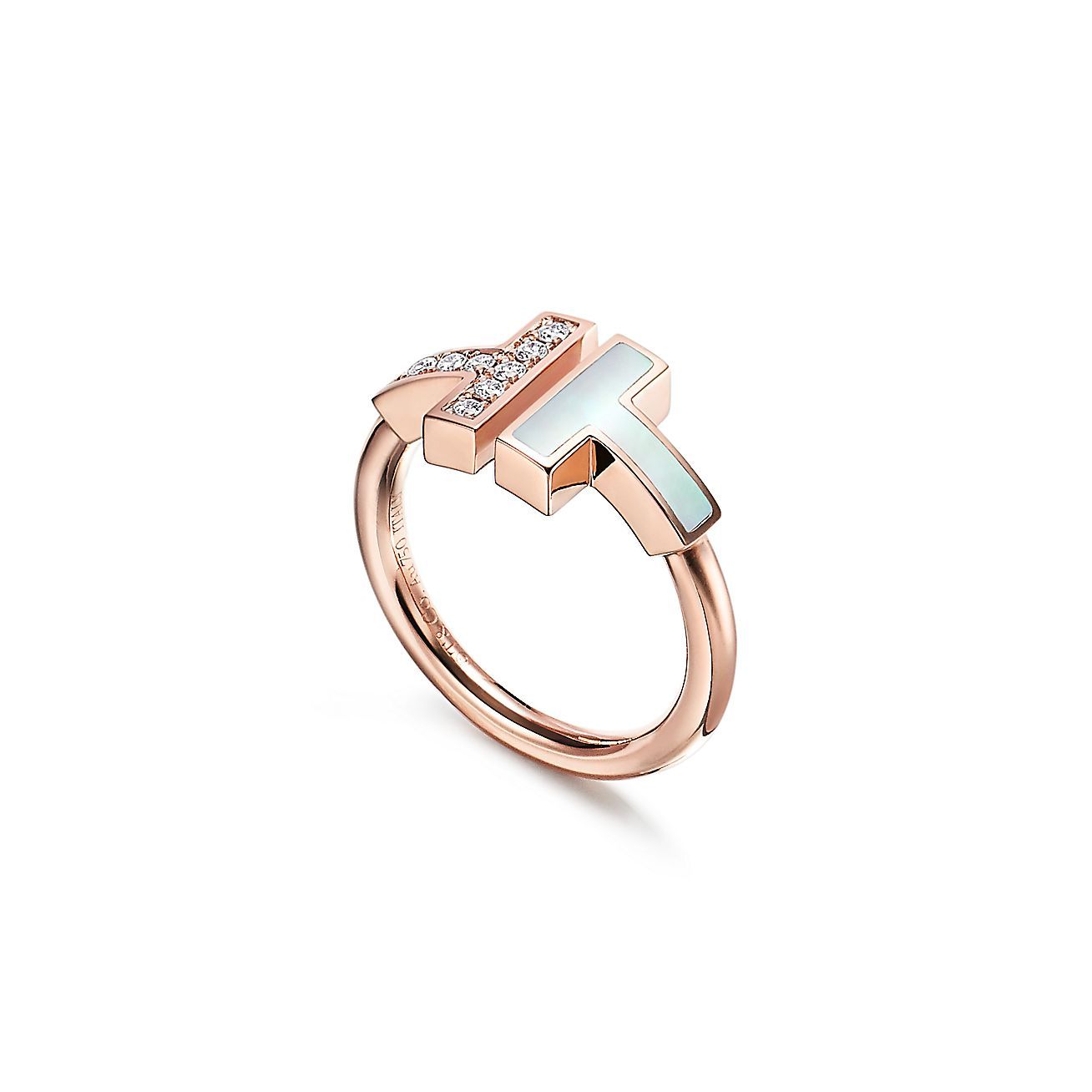 T Wire Ring in Rose Gold with Diamonds and Mother-of-pearl