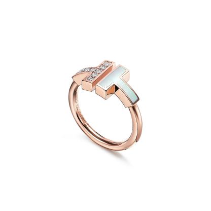 T Wire Ring in Rose Gold with Diamonds and Mother-of-pearl