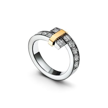 Edge Bypass Ring in Platinum and Yellow Gold with Diamonds, Wide