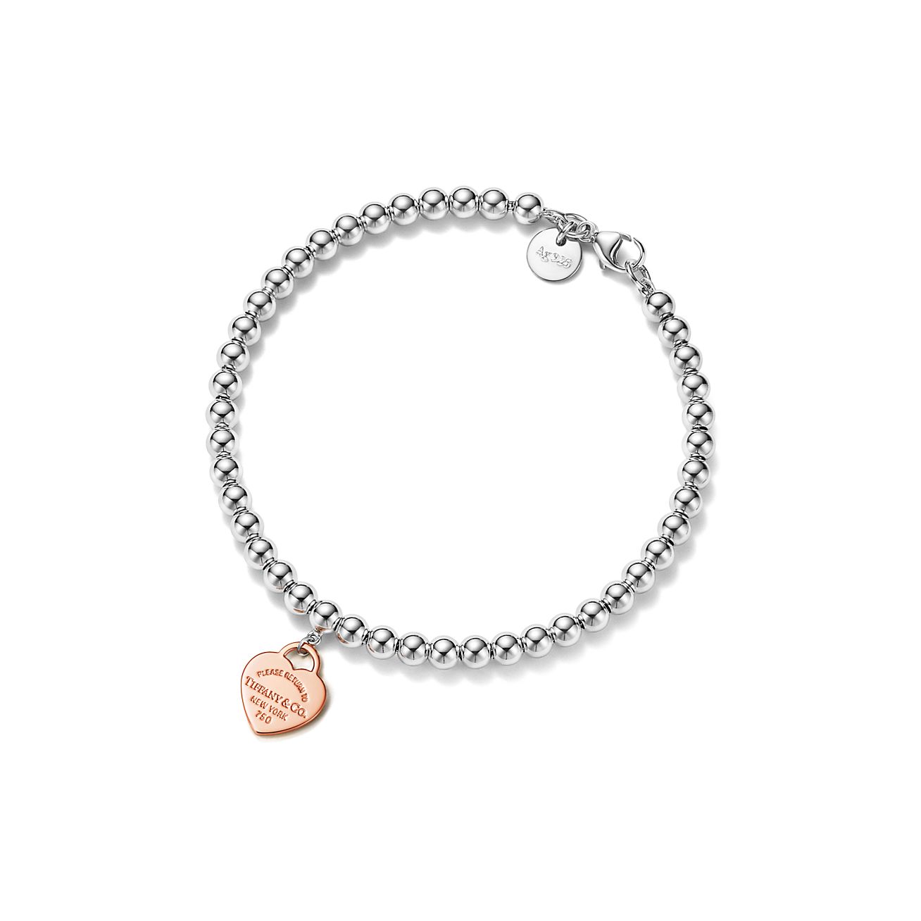 Return to 庐 Heart Tag Bead Bracelet in Sterling Silver and Rose Gold, 4 mm