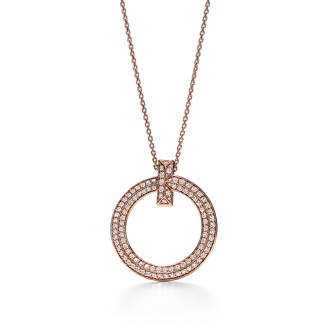T T1 Circle Pendant in 18k Rose Gold with Diamonds, Large