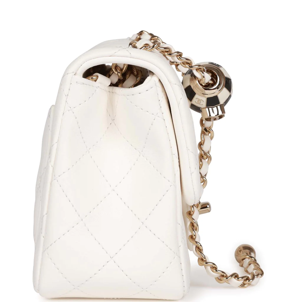 Pearl Crush Mini Square Flap Bag White Lambskin Light Gold Hardware