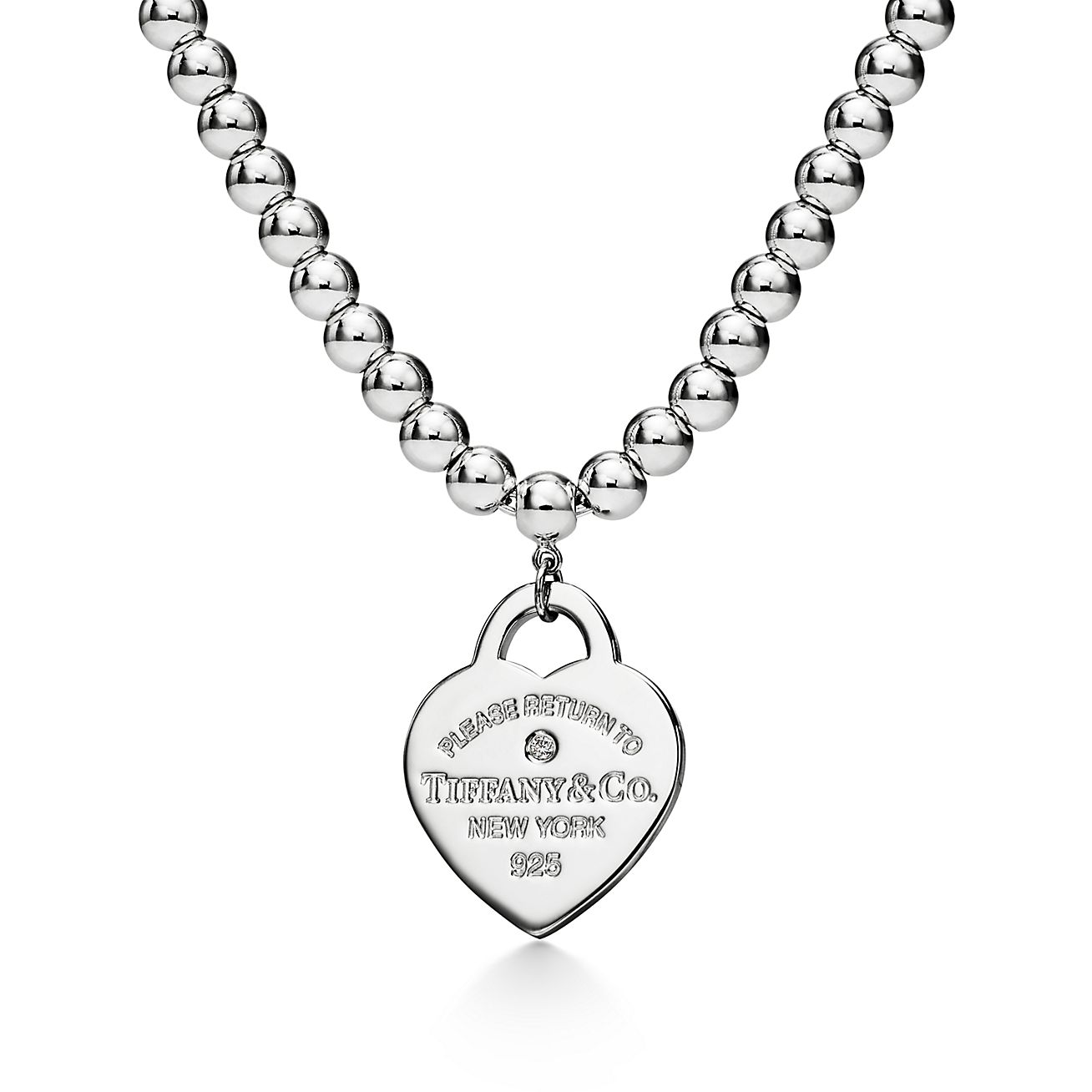 Return to 庐 Heart Tag Bead Necklace in Silver with a Diamond, Small