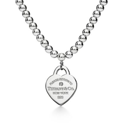Return to 庐 Heart Tag Bead Necklace in Silver with a Diamond, Small