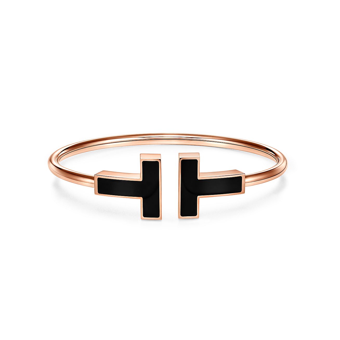 T Wide Black Onyx Wire Bracelet in 18k Rose Gold
