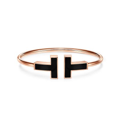 T Wide Black Onyx Wire Bracelet in 18k Rose Gold
