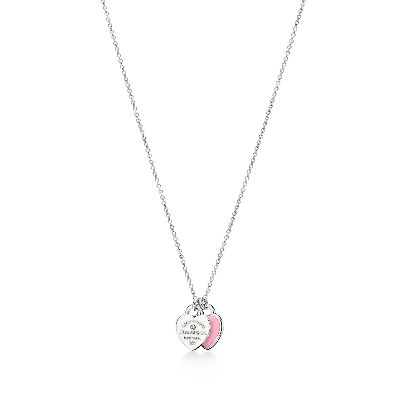 Return to 庐 Pink Double Heart Tag Pendant in Silver with a Diamond, Mini