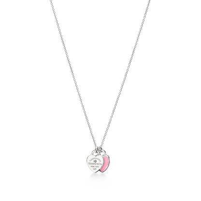 Return to 庐 Pink Double Heart Tag Pendant in Silver with a Diamond, Mini