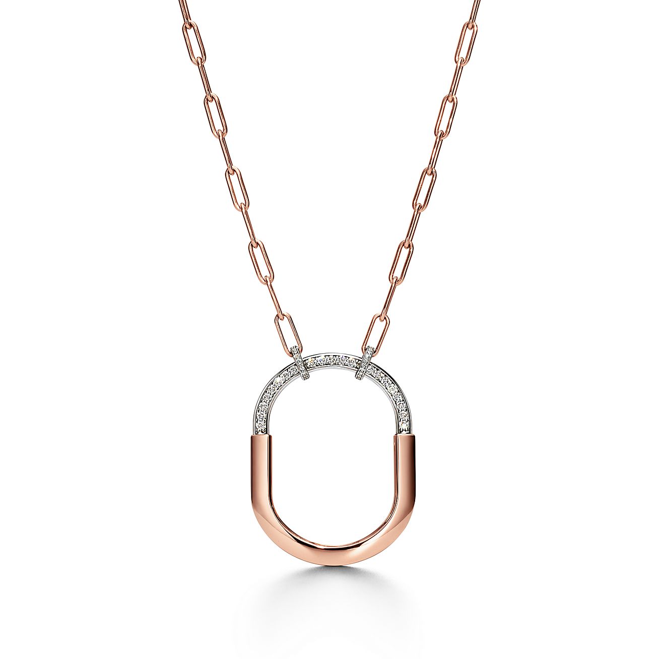 Lock Pendant in Rose and White Gold with Diamonds, Extra Large