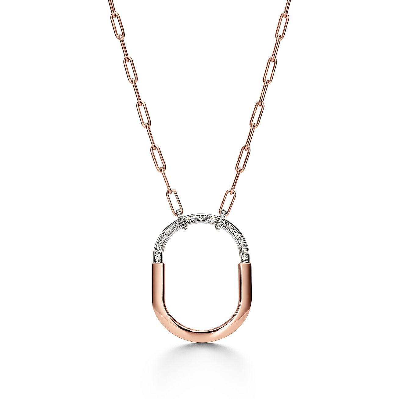 Lock Pendant in Rose and White Gold with Diamonds, Extra Large