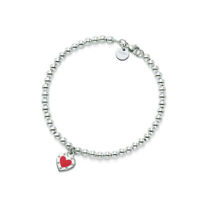 Return to 庐 Love  Red庐 Heart Tag Bead Bracelet in Silver