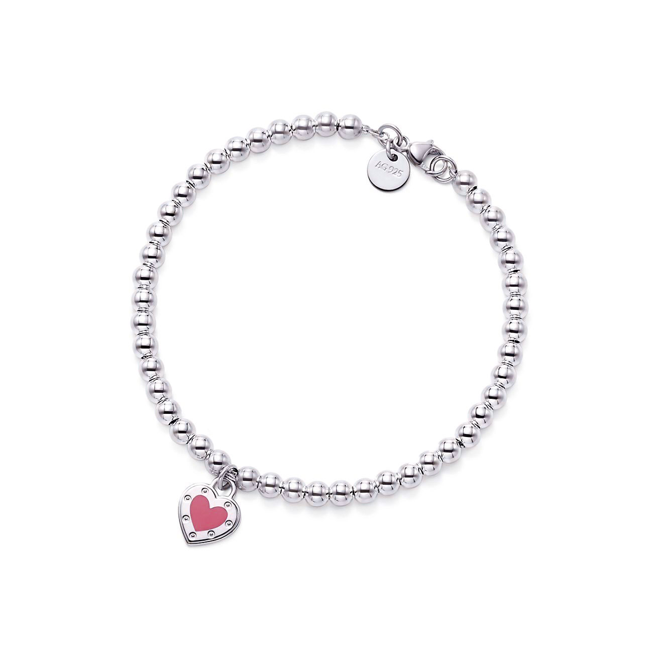 Return to 庐 Love  Pink庐 Heart Tag Bead Bracelet in Silver