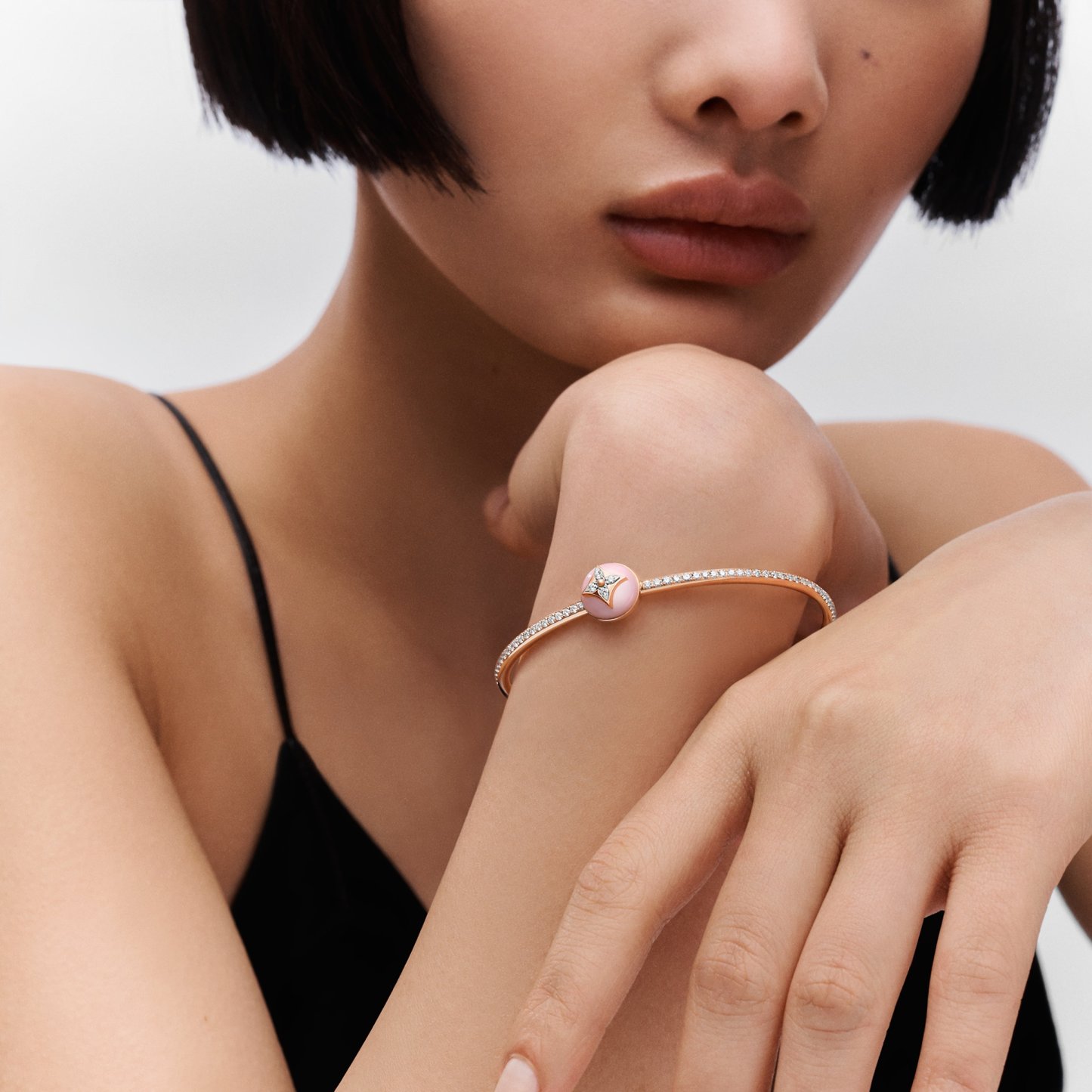 B Blossom Open Bangle, Pink Gold, White Gold, Pink Opal And Diamonds