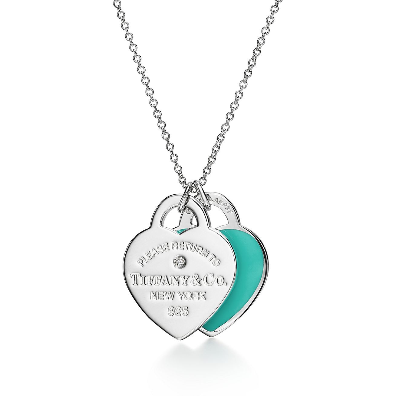 Return to 庐 Blue Double Heart Tag Pendant in Silver with a Diamond, Small
