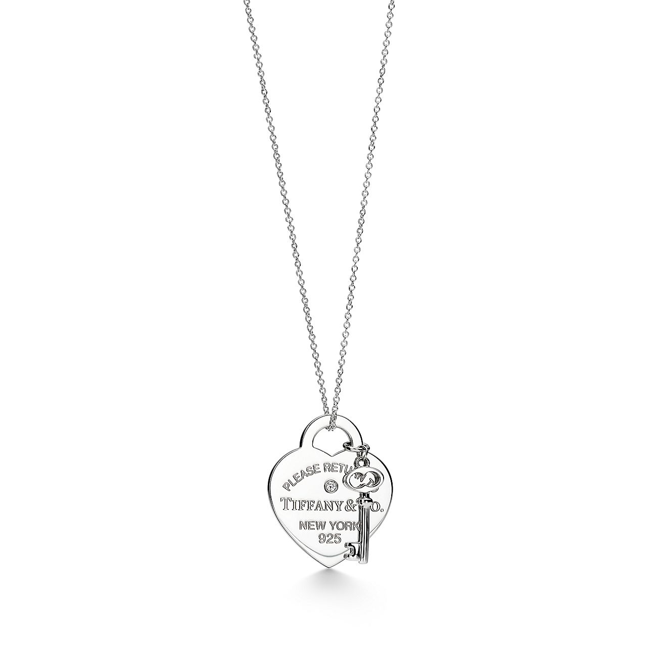 Return to 庐 Heart Tag and Key Necklace in Sterling Silver with a Diamond, Medium