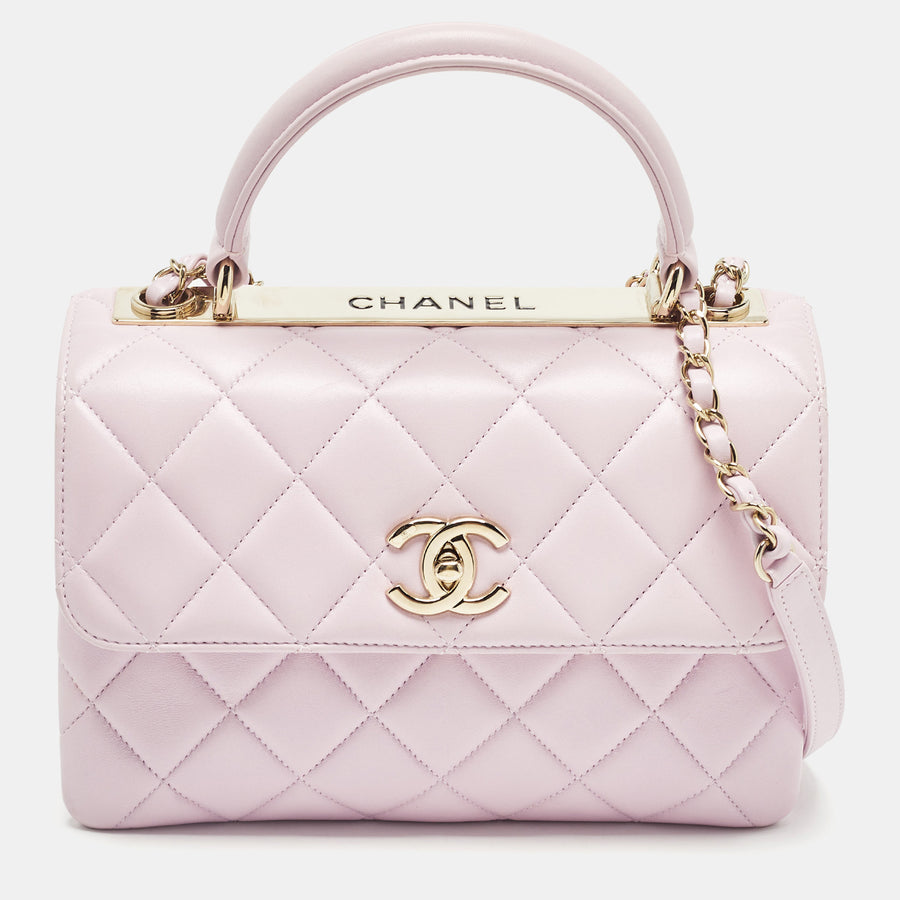 Light Pink Quilted Leather Small Trendy CC Top Handle Bag