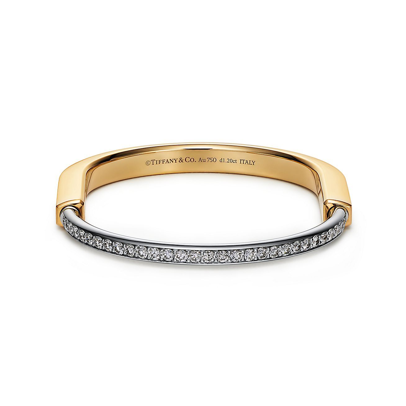 Lock Bangle in Yellow and White Gold with Half Pavé Diamonds