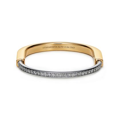 Lock Bangle in Yellow and White Gold with Half Pavé Diamonds
