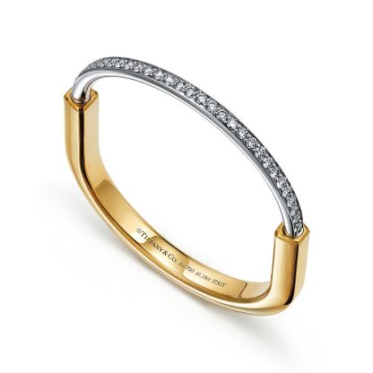 Lock Bangle in Yellow and White Gold with Half Pavé Diamonds