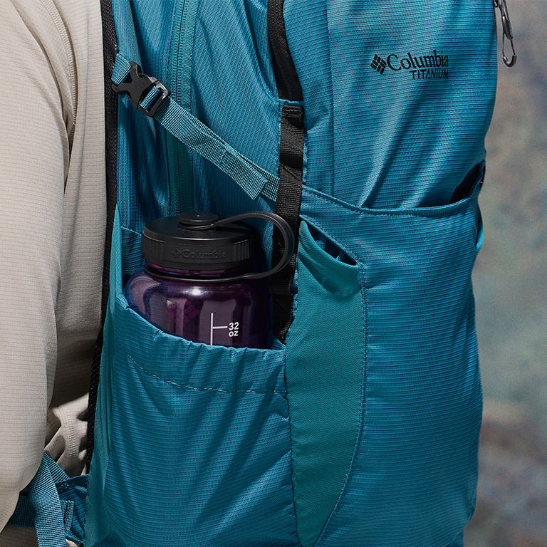 Close-up of the hydration pocket with a water bottle