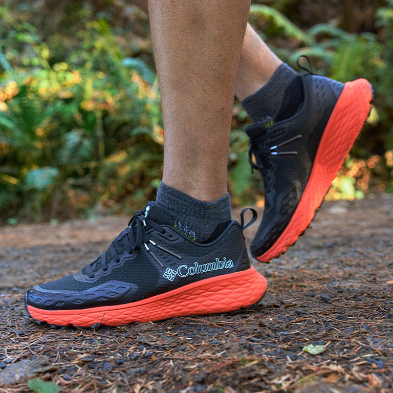 A close up view of the Konos sneaker on foot.