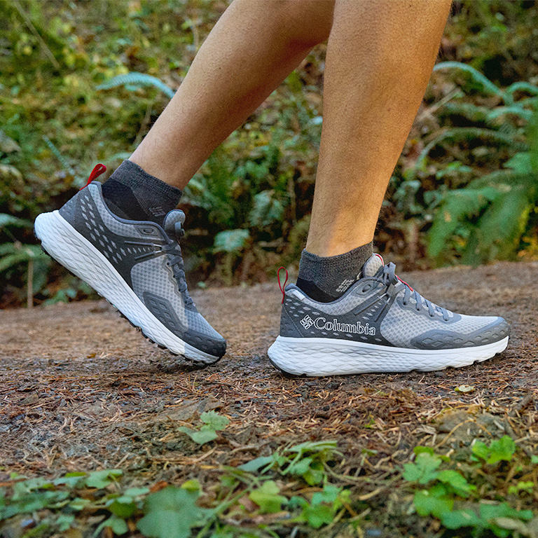 A close up view of the Konos sneaker on foot.