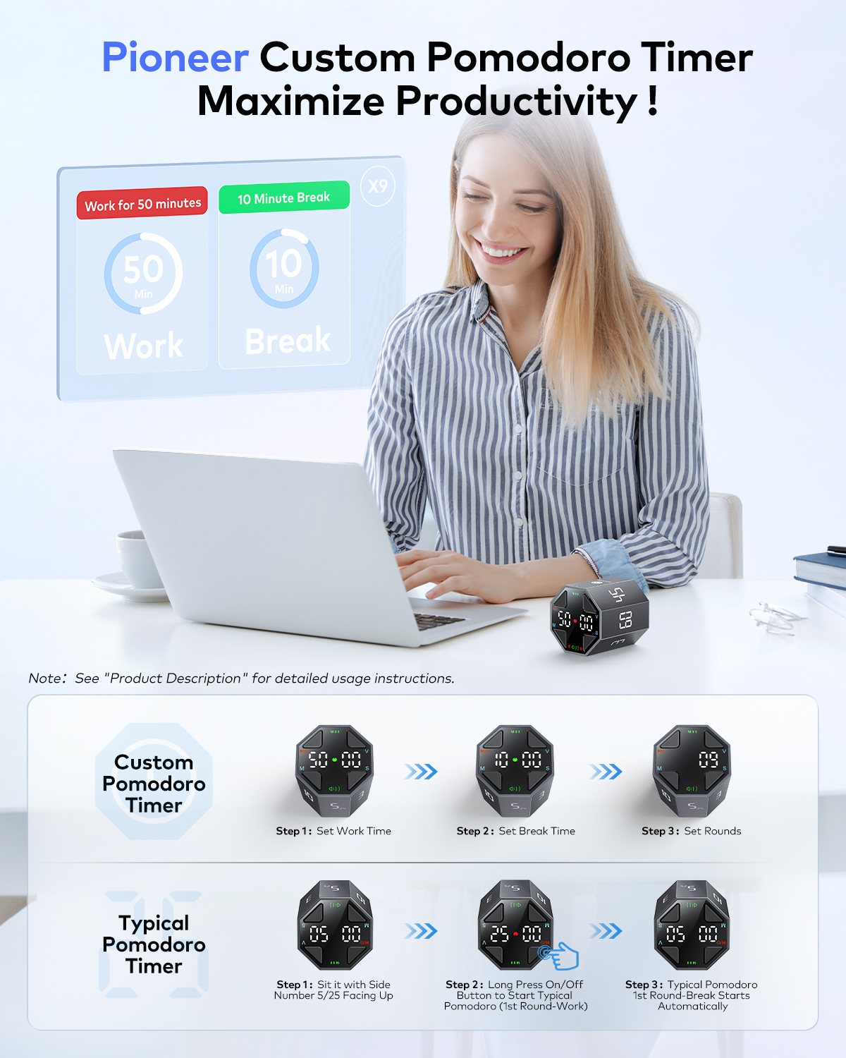 Ticktime Pomodoro Timer, Productivity Timer, Typical & Customizable Pomodoro, Quick-Flip Countdown, 3/5/10/15/30/45/60Min Presets, Stopwatch, Rechargeable, Silent, Sound & Vibration, Magnetic, Black