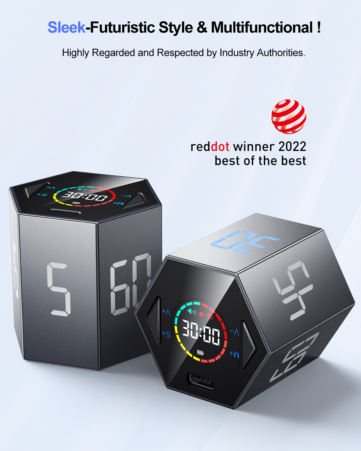 Ticktime Pomodoro Timer, Productivity Timer Cube, 5/15/25/30/45/60 Min Presets, Custom Countdown & Stopwatch 1s–99m59s, Sound/Vibration/Silent, Magnetic, Rechargeable, for ADHD Study Work, Black